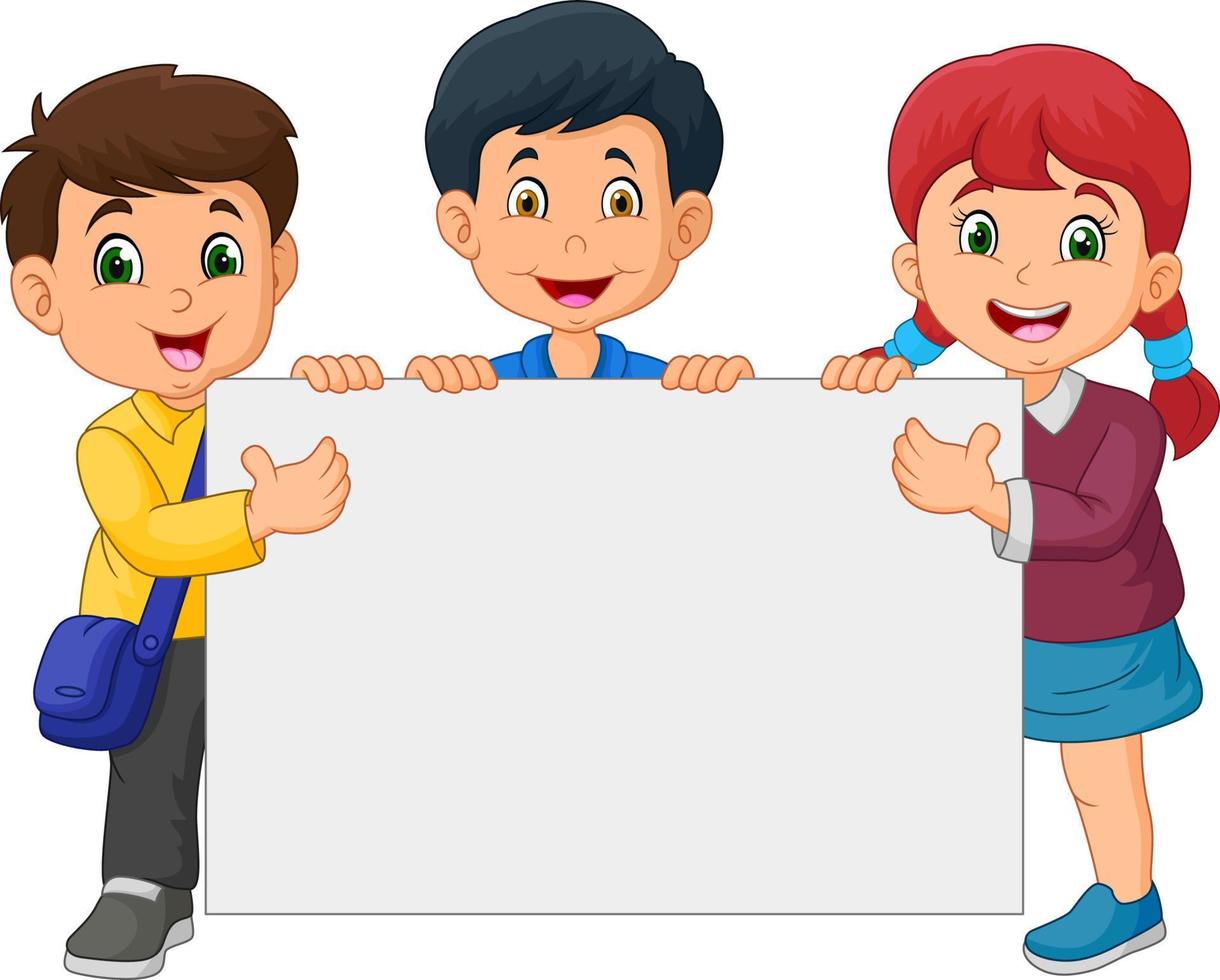 niños felices de dibujos animados con cartel en blanco vector
