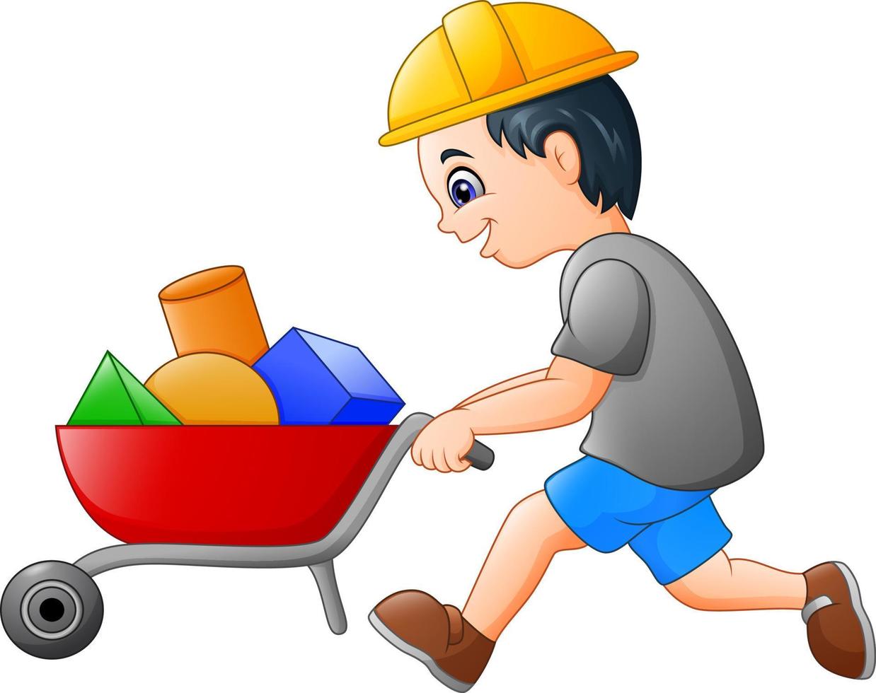 Young builder worker pushing a wheelbarrow vector