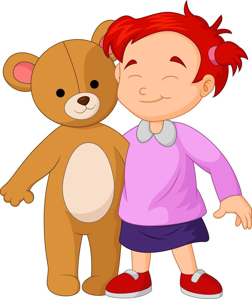 Girl cartoon a hugging a big teddy bear toy vector