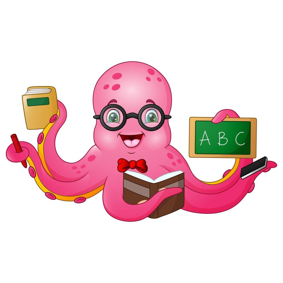 profesor de pulpo de dibujos animados con papelería vector