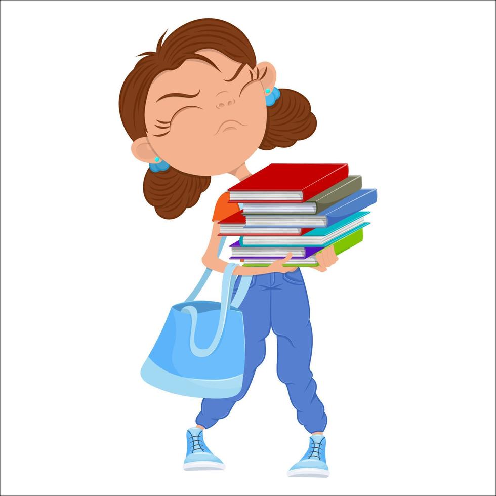 Girl with stack of books. Isolated illustration on white background. vector