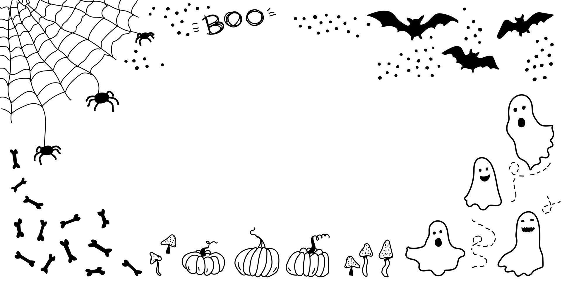 fondo de halloween calabazas, murciélagos, arañas, fantasmas, hongos y huesos. borde del garabato. marco vectorial vector