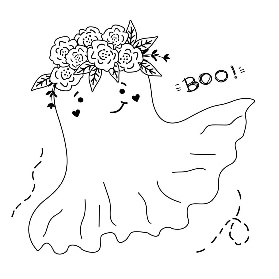 Cute smiling ghost in a flower wreath. Letters BOO. Halloween doodle.  Vector. Can be used in colouring book for children. vector