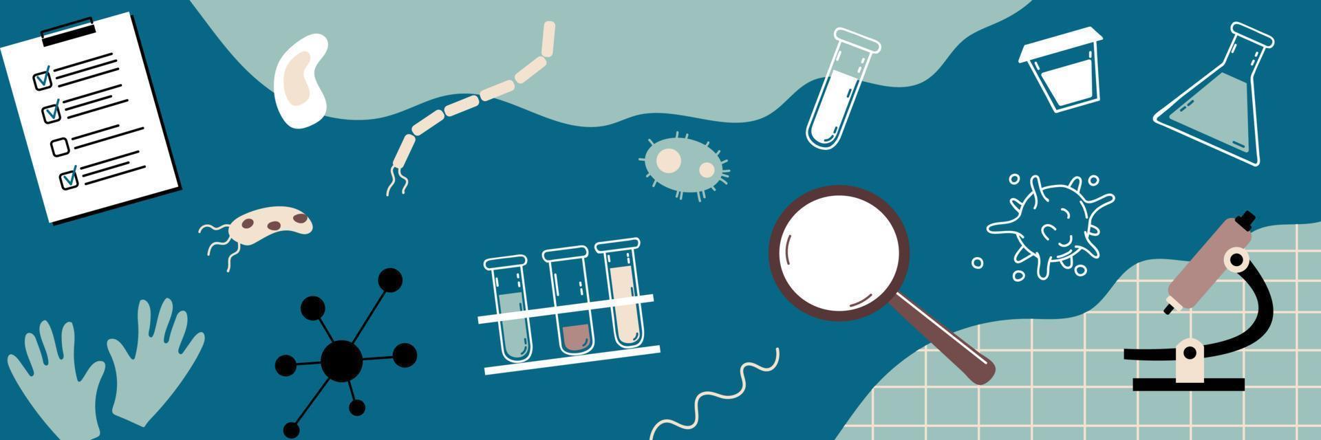 Banner with objects of laboratory tests and medical equipment. Microscope, test tubes, bacteria. vector