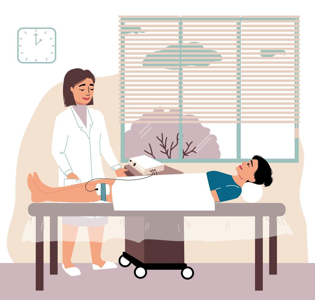 Physical therapy. Use of electrodes for the treatment of knee pain. Woman patient is lying on the couch. vector