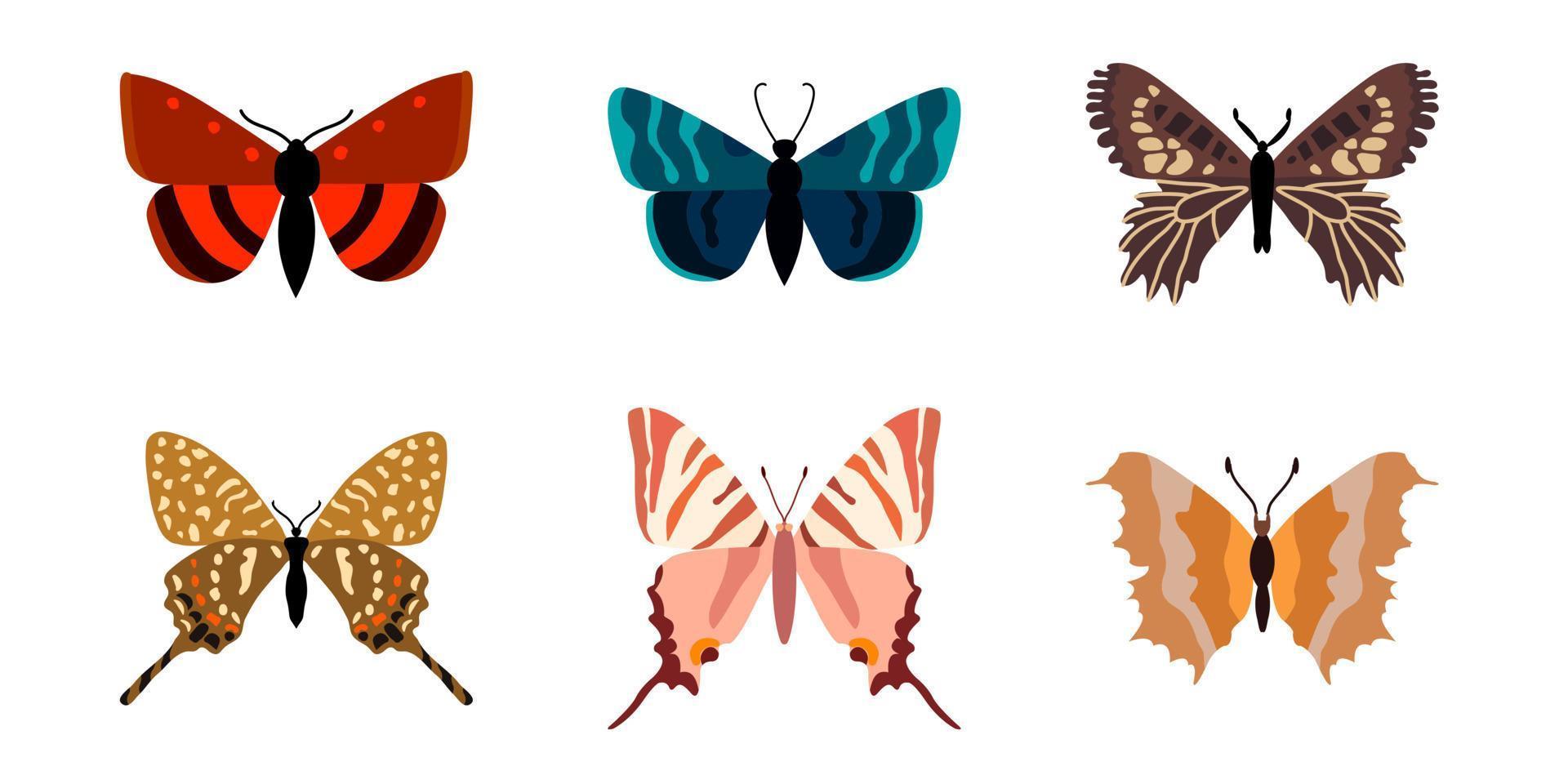 Set, collection of butterflies on a white background. Isolated cartoon icon set, decorative insect. vector