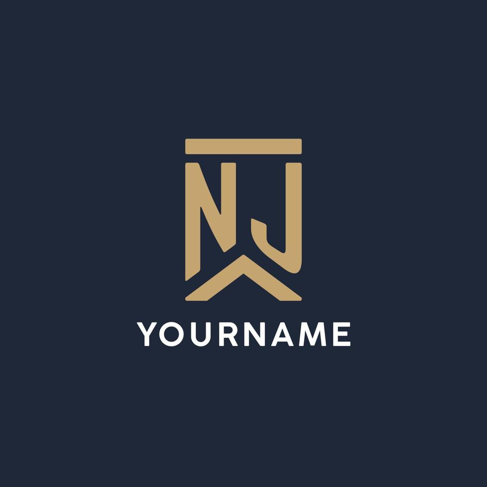 NJ initial monogram logo design in a rectangular style with curved sides vector