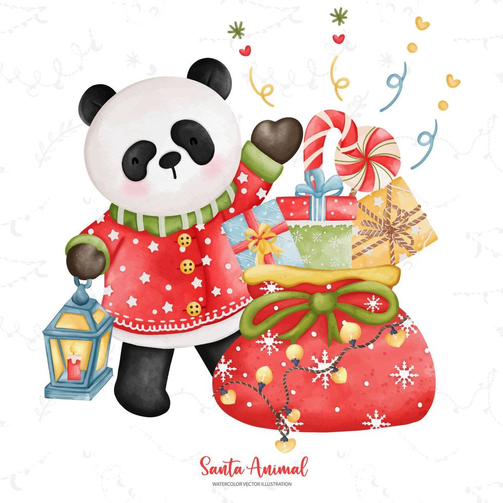 panda lindo disfrazado de santa, ilustración de la temporada de navidad en acuarela, ilustración de animales de navidad vector