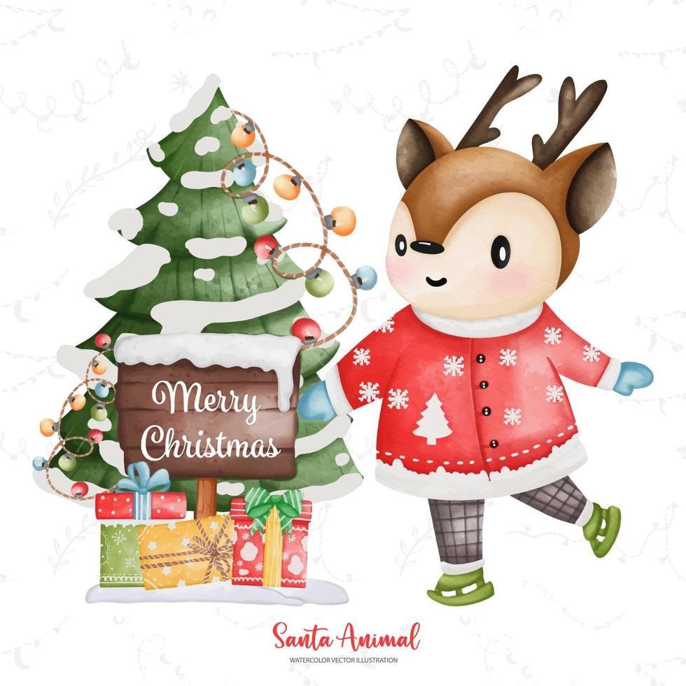 ciervo lindo disfrazado de santa, ilustración de la temporada de navidad en acuarela, ilustración de animales de navidad vector