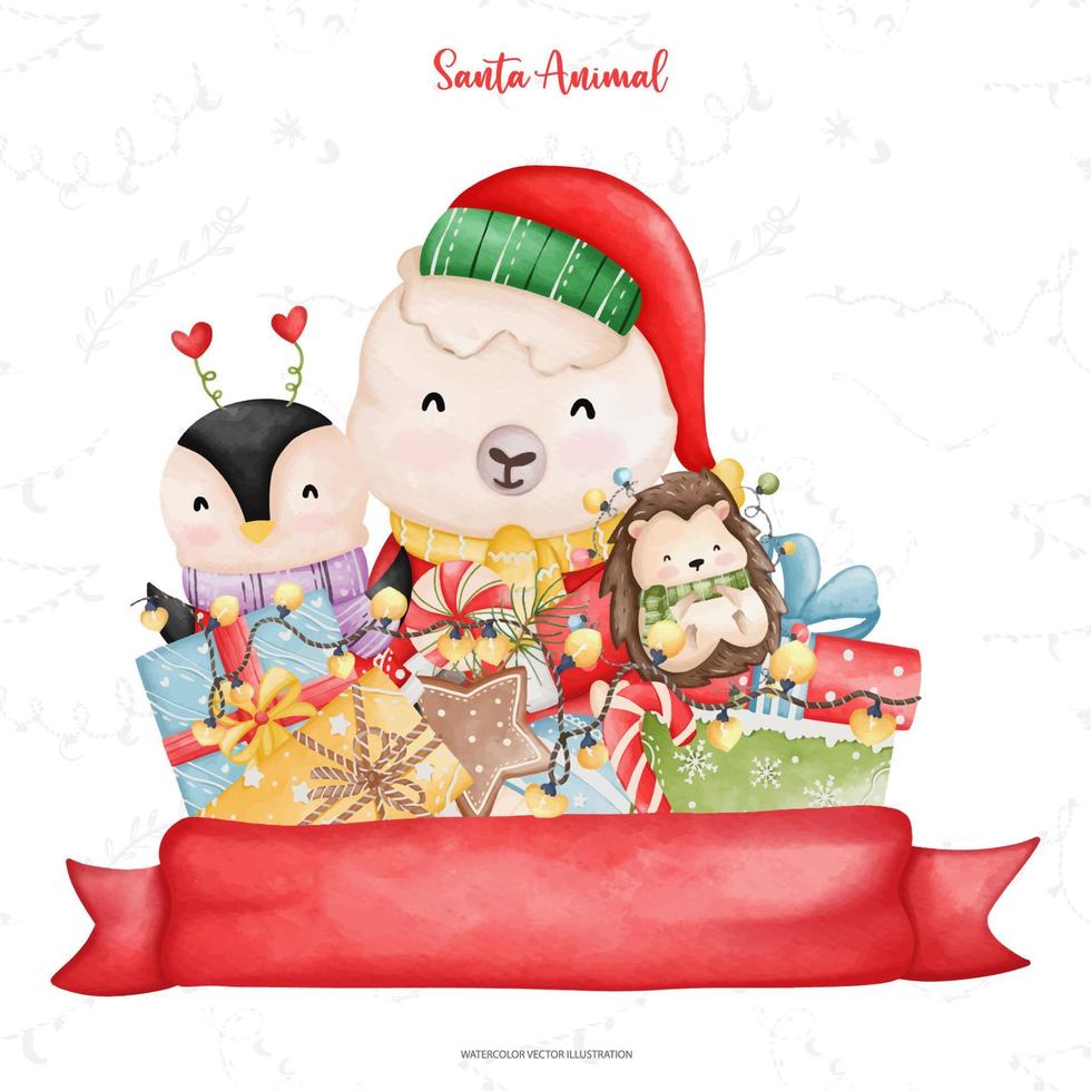 pingüino y oveja disfrazados de santa, ilustración de la temporada navideña de acuarela, ilustración animal vector