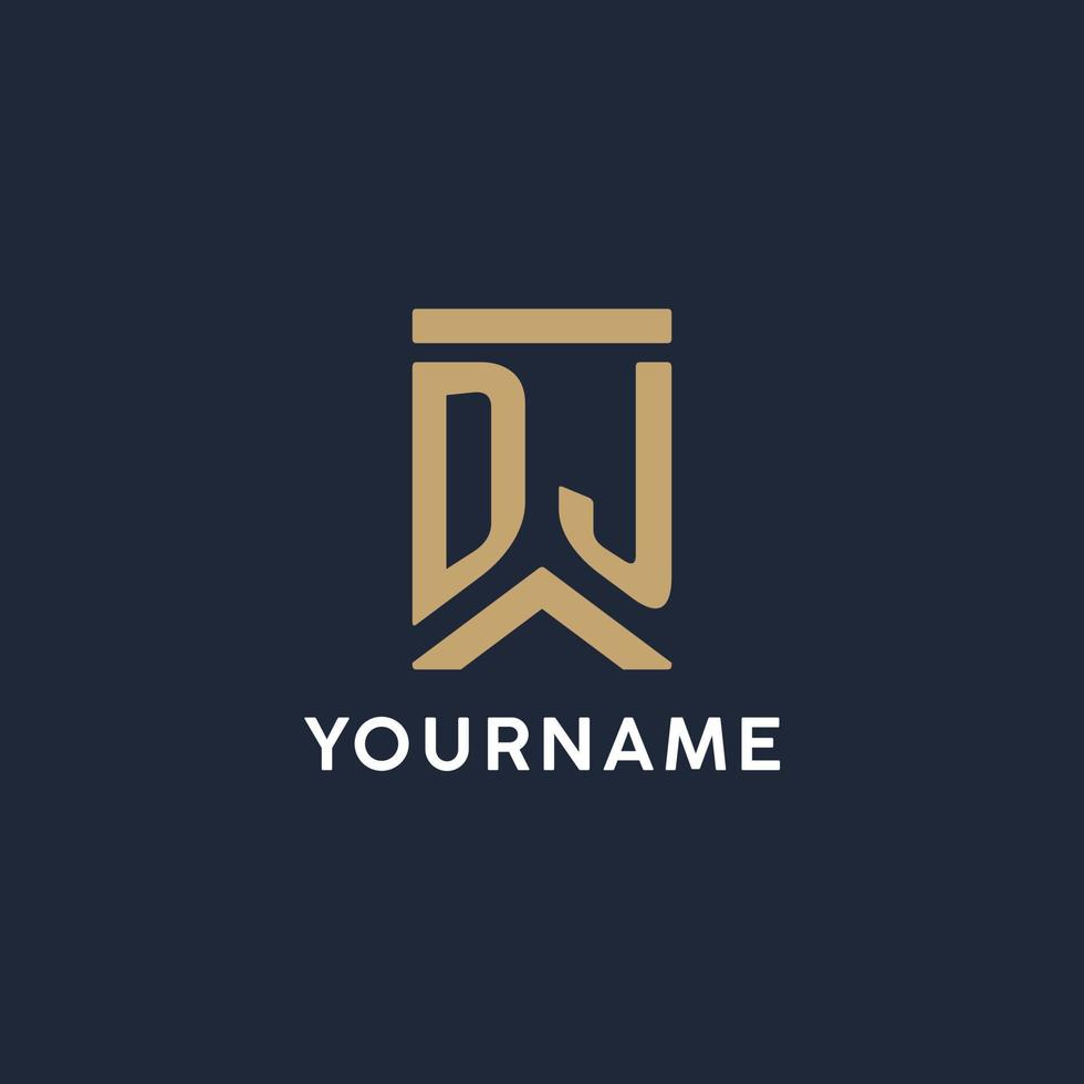 DJ initial monogram logo design in a rectangular style with curved sides vector