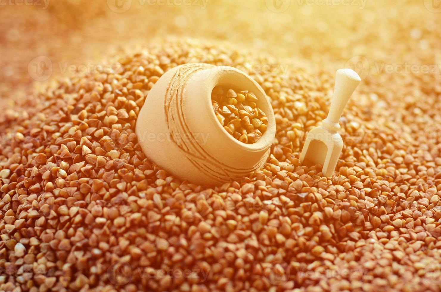 Background image of a large pile of buckwheat, in the middle of which lies a small jug and a wooden spatula for cereals photo