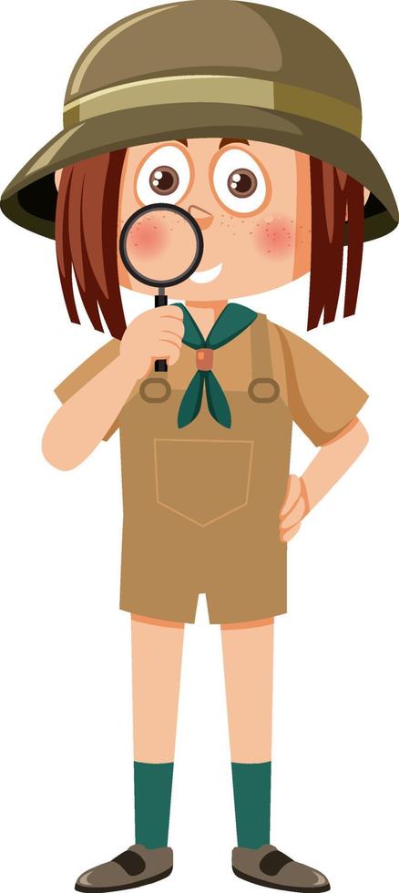 Cute girl scout cartoon character holding magnifying glass vector