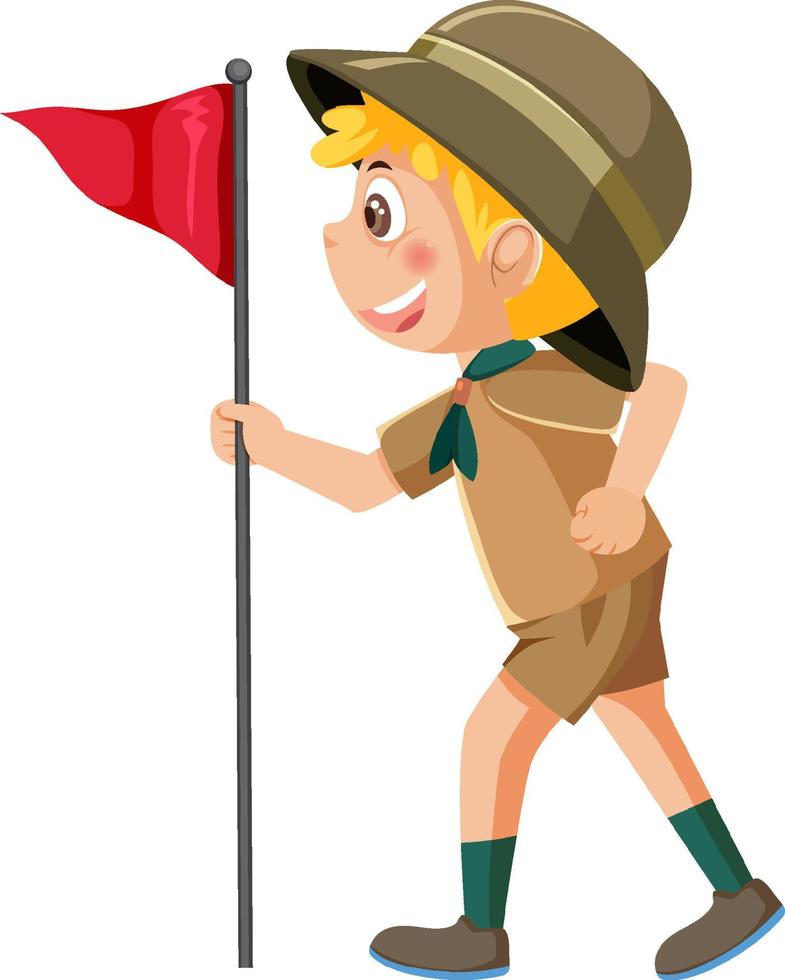 Scout boy cartoon character holding flag vector