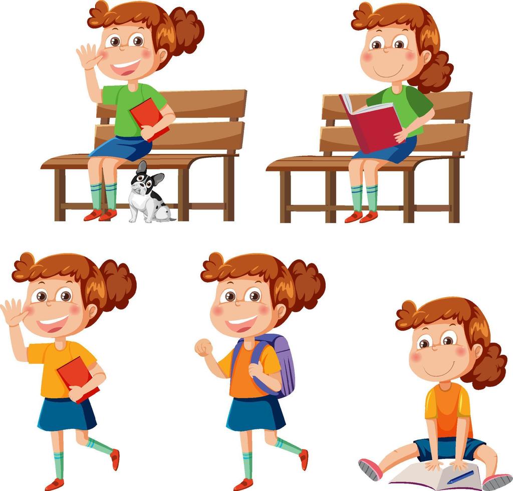 conjunto de niña haciendo diferentes actividades vector