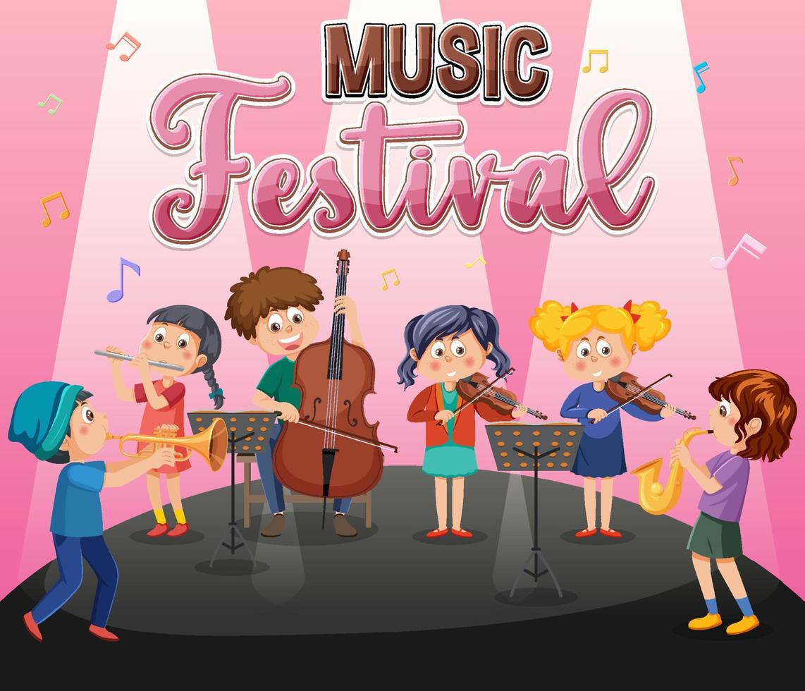 Music festival text with children music band vector
