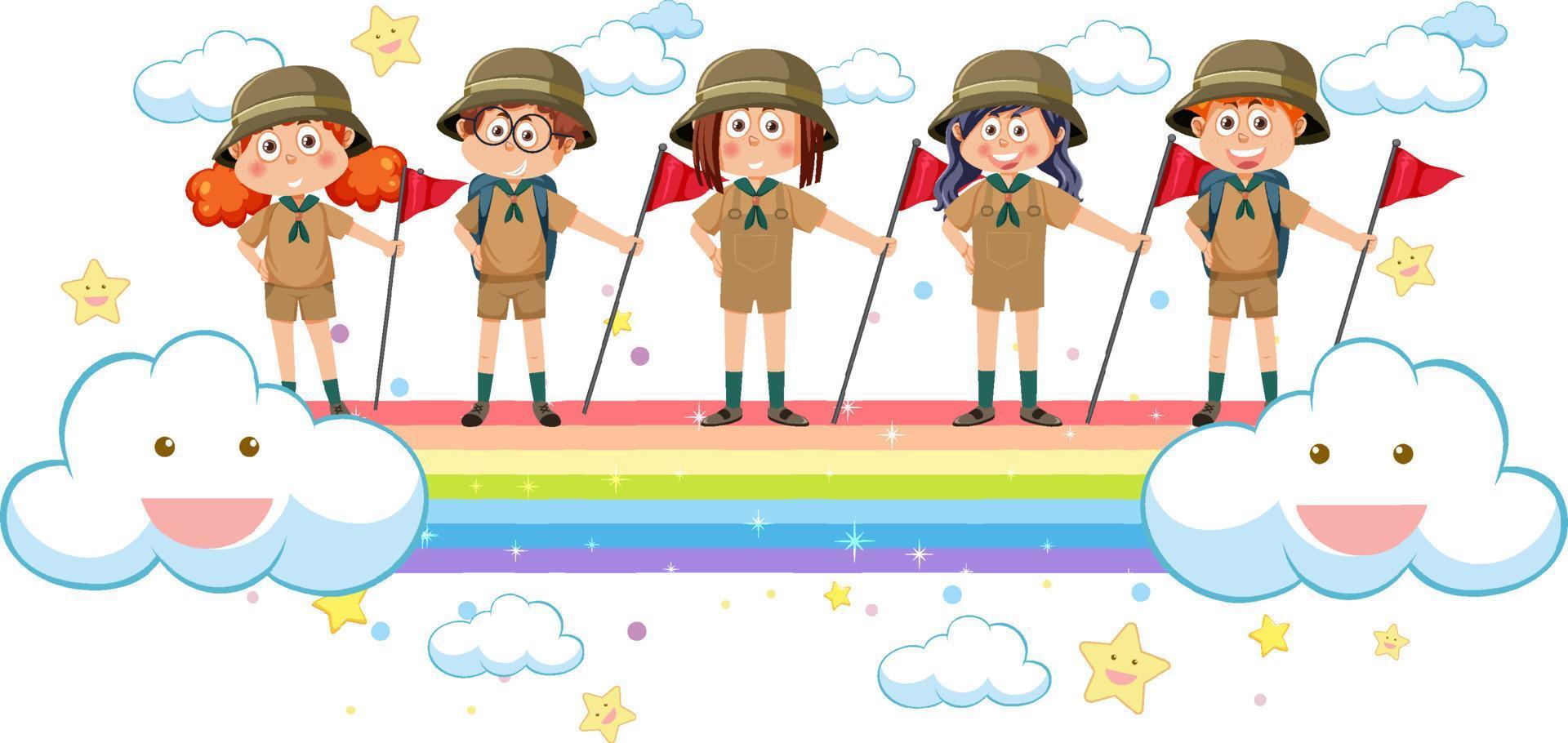 Children on rainbow in cartoon style vector