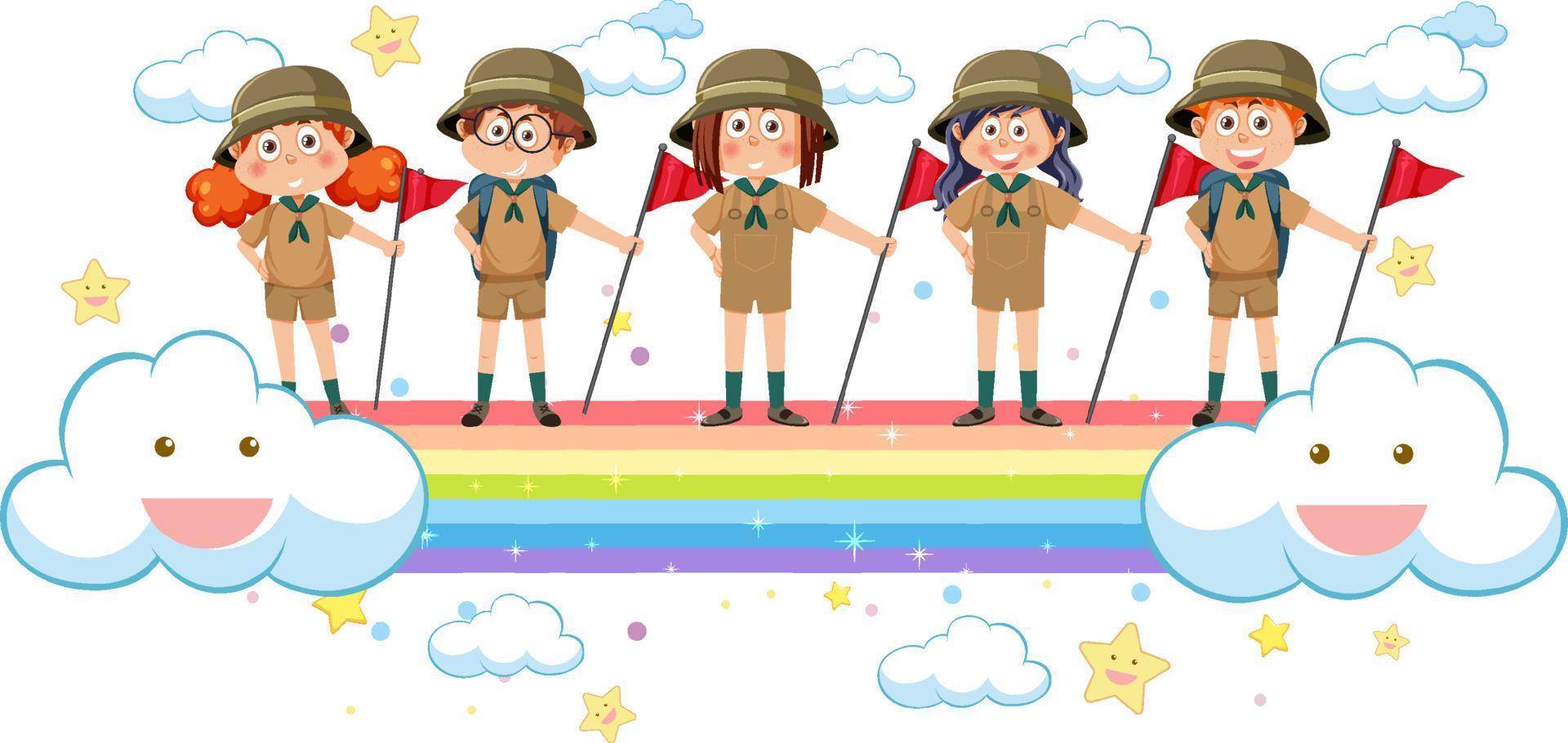 niños en arco iris en estilo de dibujos animados vector