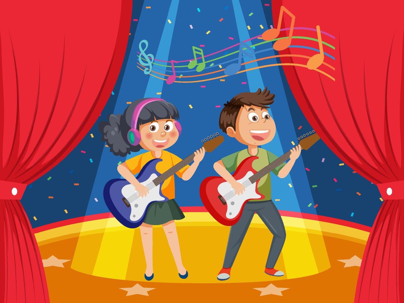 Two kids playing electric guitar on stage vector