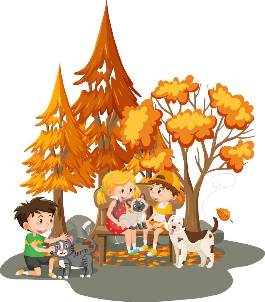 Children and their pet at outdoor scene isolated vector