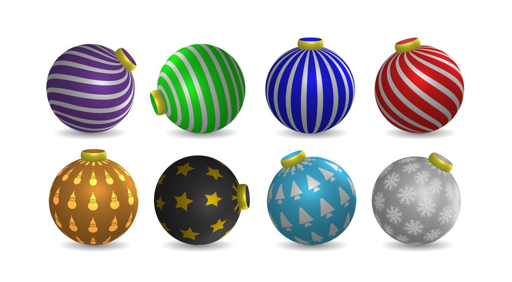 juego de decoración de bolas de navidad, colección de elementos de bolas de colores con varios motivos de patrón, vector de ilustración 3d