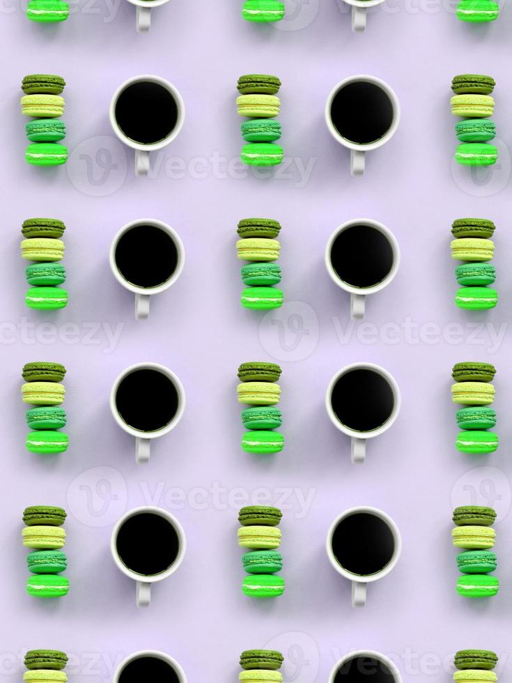 A pattern of many colorful dessert cake macaroon and coffee cups on trendy pastel lilac background top view photo