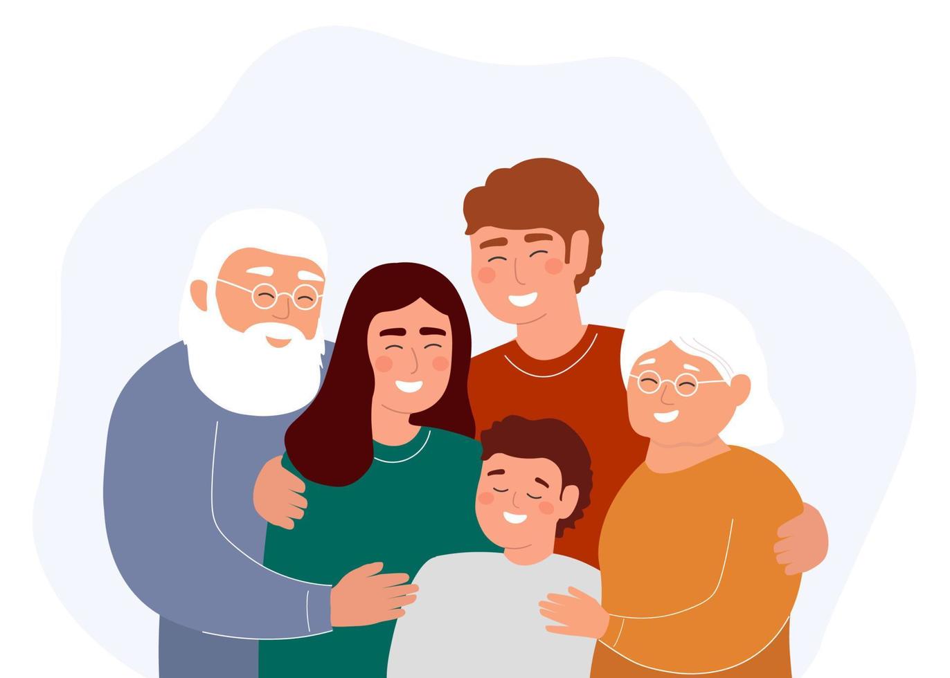 Happy family hugs. Mother, father, son together. Grandparents with children and grandson. Vector graphics.