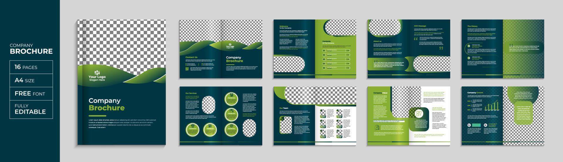 plantilla de folleto y folleto corporativo verde azul de 16 páginas, diseño de perfil de empresa moderno pro vector