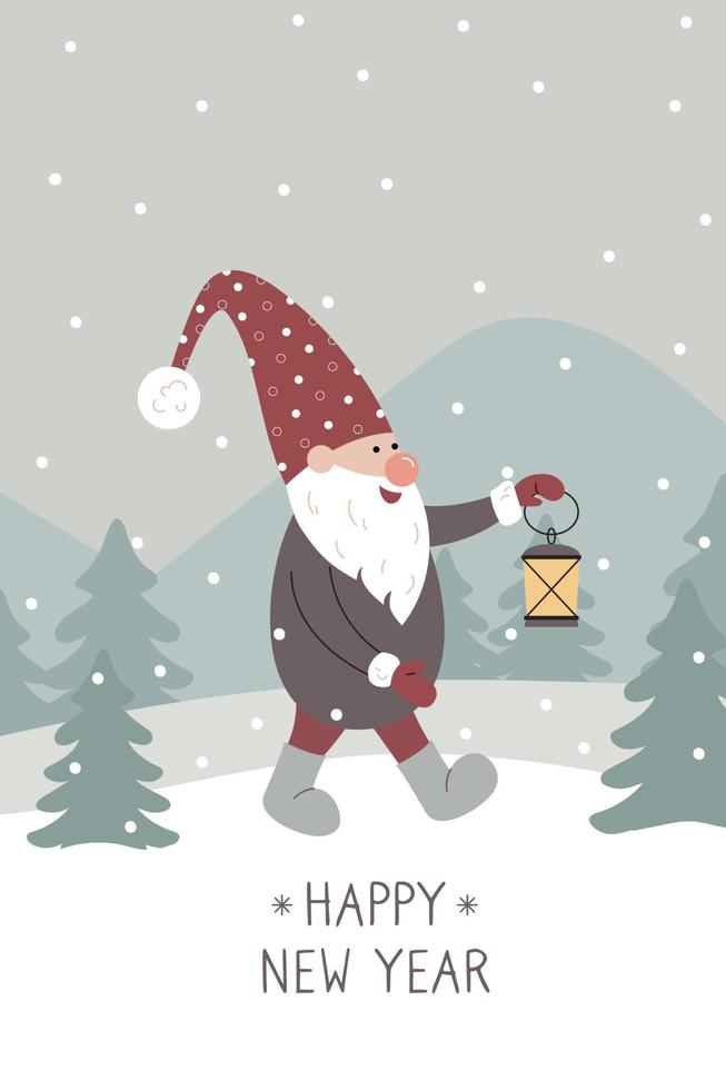 tarjeta de felicitación de feliz año nuevo. lindo gnomo sueco de navidad con sombrero rojo de santa caminando en el bosque nevado con lámpara vector