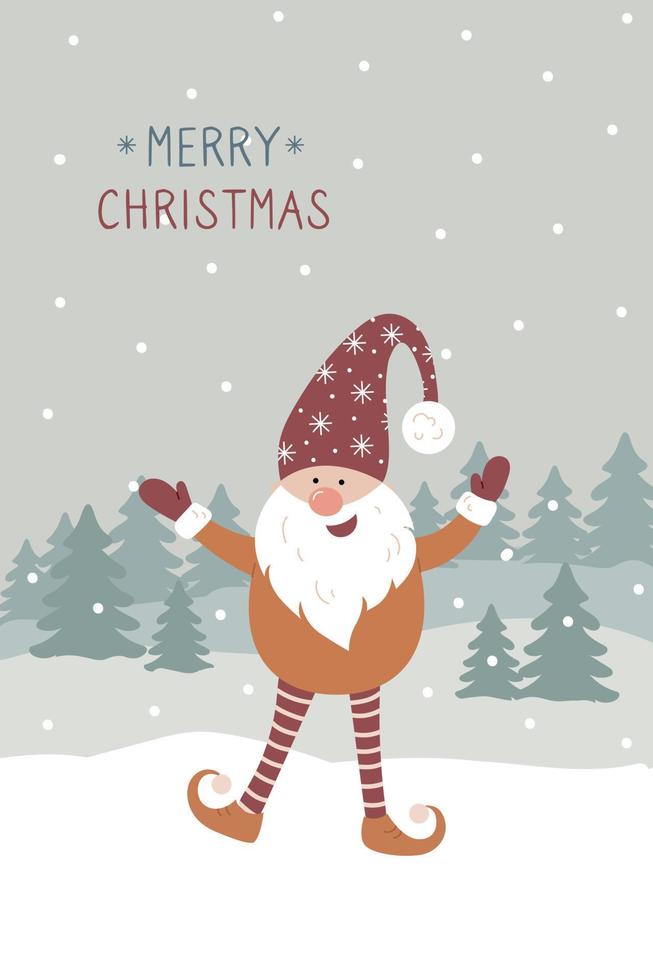 Merry Christmas greeting card. Christmas cute swedish gnome in red santa hat waving hands vector