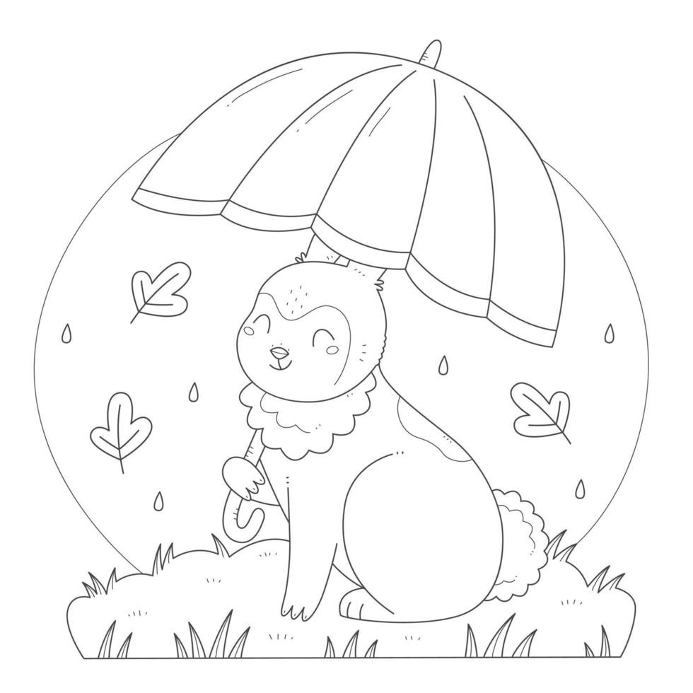 Cute rabbit with an umbrella coloring page. Bunny with an umbrella in the rain. Vector black and white illustration coloring book.