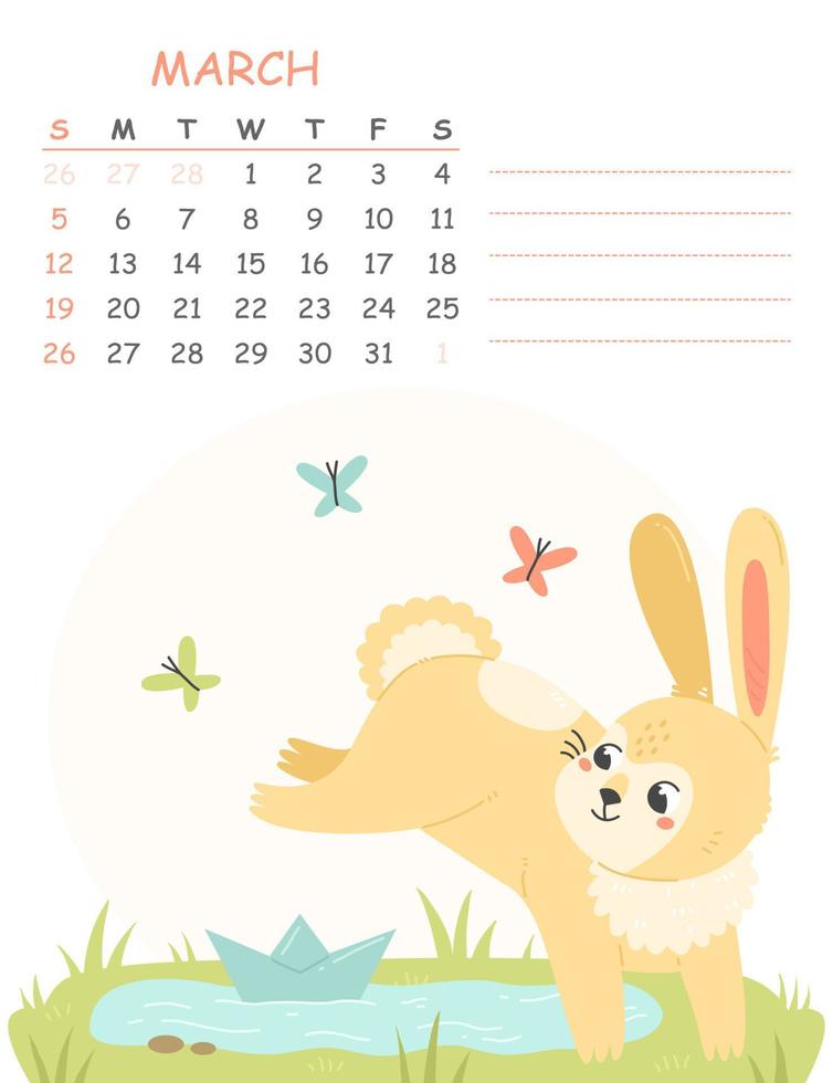 March children's vertical calendar for 2023 with an illustration of a cute rabbit with a paper boat and a puddle. 2023 is the year of the rabbit. Vector spring illustration of a calendar page.