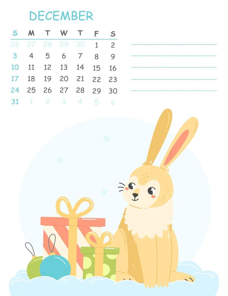 December children's vertical calendar for 2023 with an illustration of a cute rabbit with gifts. 2023 is the year of the rabbit. Vector winter illustration of the calendar page.