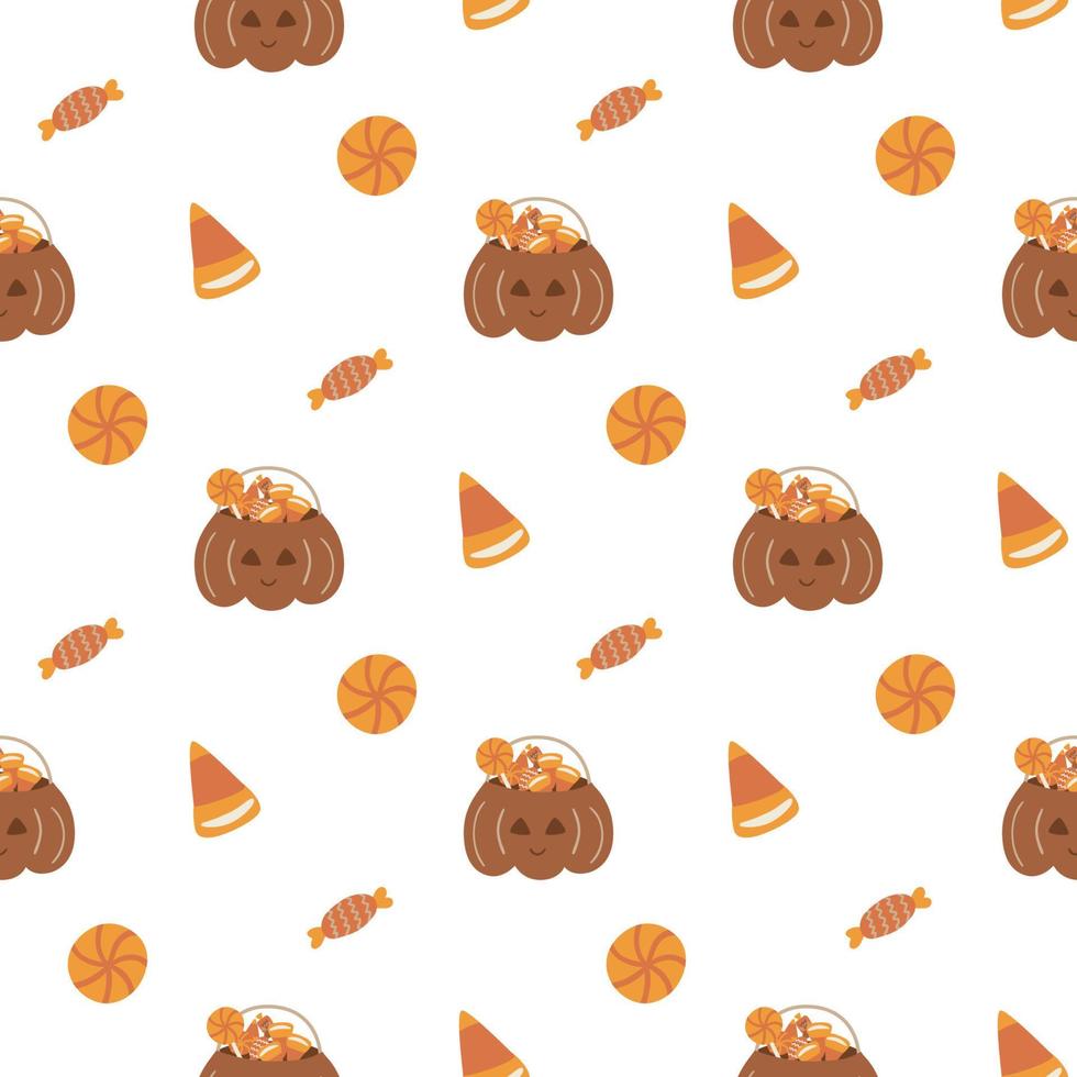 Candies halloween pattern. Pumpkin Halloween bag Sweet Halloween candy seamless pattern. Trick or treat background. Boho Halloween candy paper. Sweet wrapping paper. Candy print, vector illustration