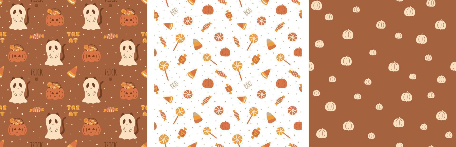 conjunto de patrones de halloween de dulces. dulce colección de patrones sin fisuras de dulces de halloween. Fondo de truco o trato. papel de regalo boho halloween candy. calabaza, ilustración vectorial fantasma, impresión, papel tapiz. vector