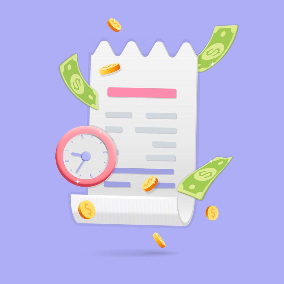 3d vector bill receipt for payment with floating alarm clock and money