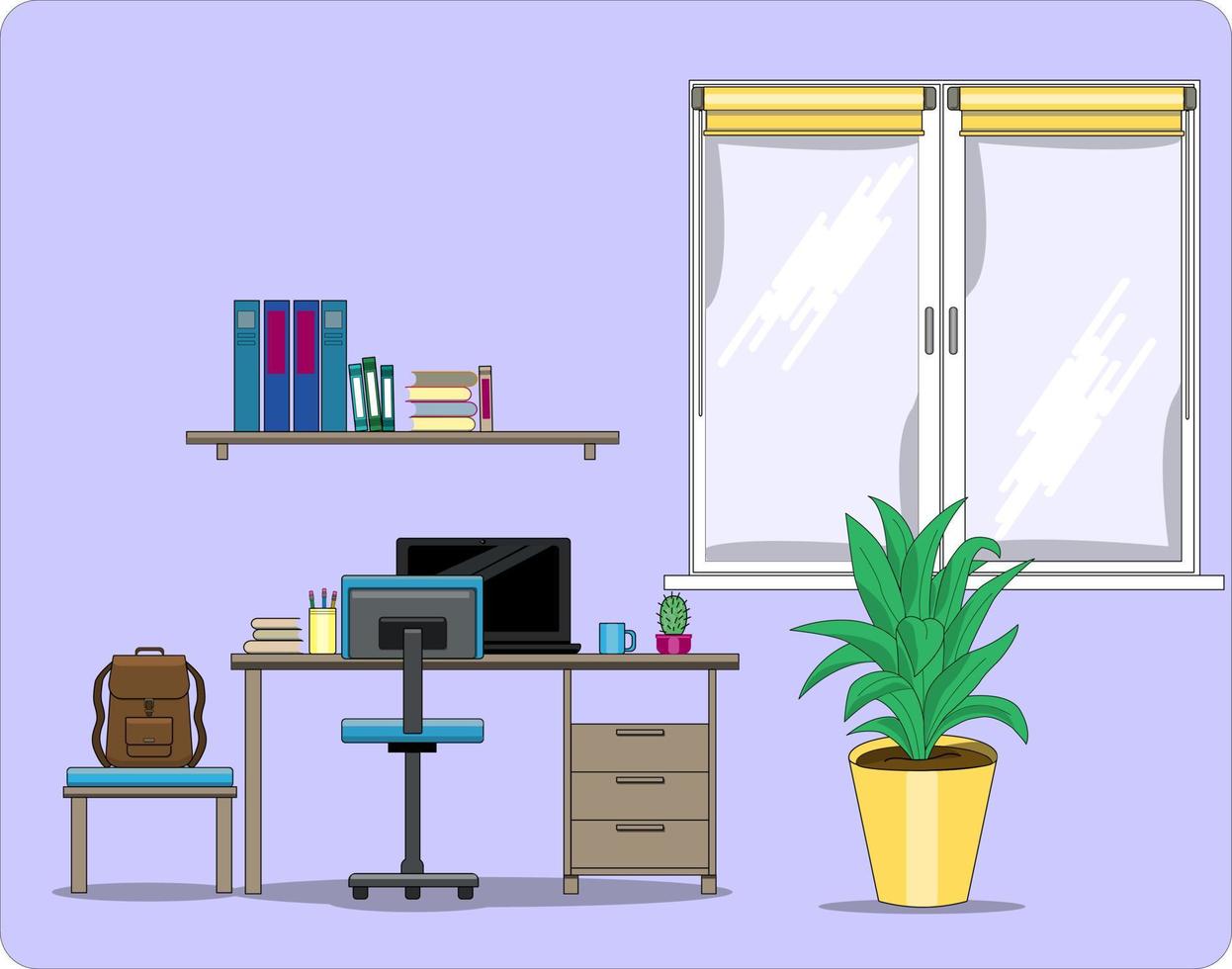 The concept of a workplace for a student or a schoolboy. Office desk. Design for collaboration. A desktop with a computer, folders, and a coffee mug vector