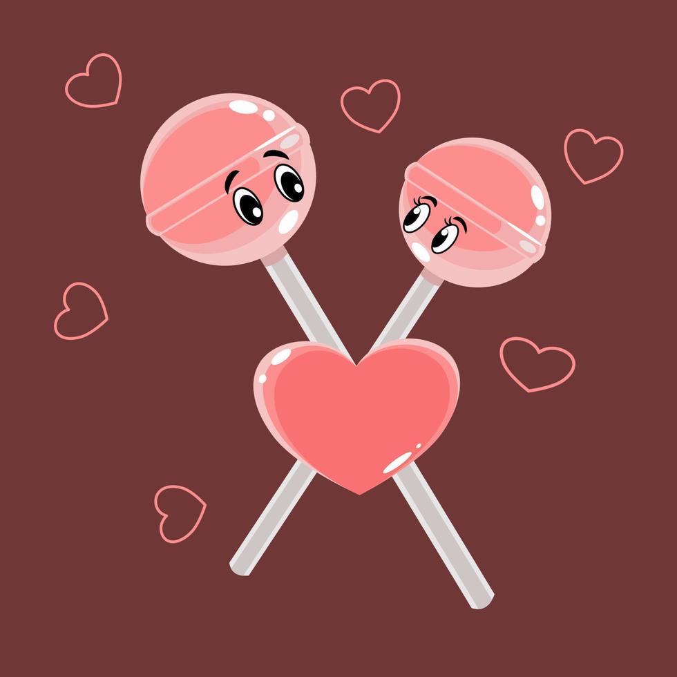 Cartoon characters of lollipop couple in love in flat technique  with hearts around vector