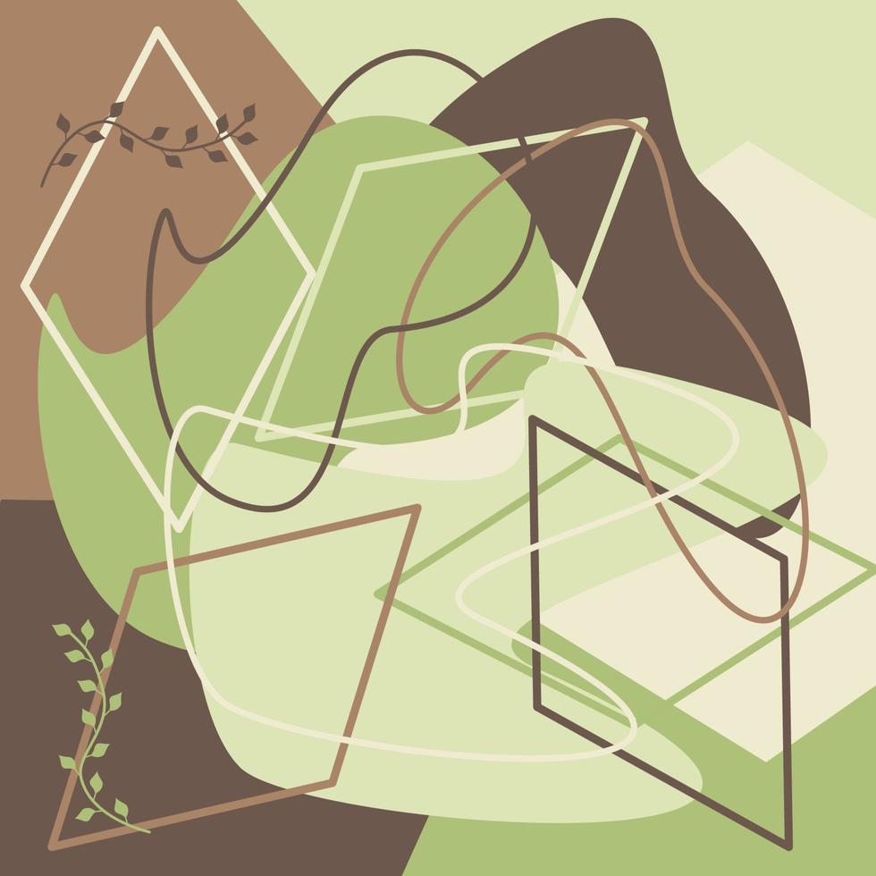 Abstract geometric background with colourful shapes, lines, and branches with leaves vector