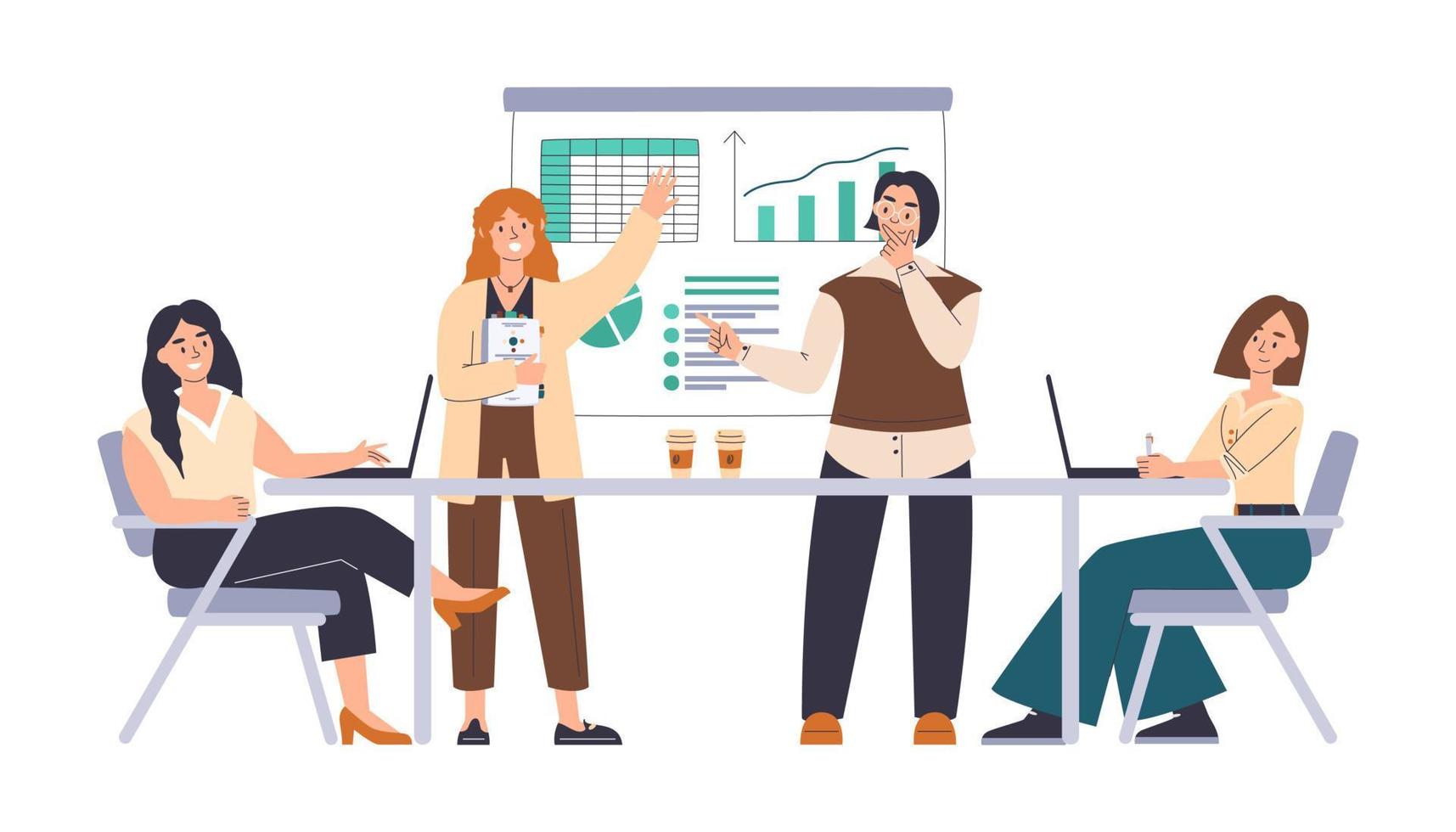 Businesswomen researching and discussing strategy. Female characters searching for new ideas and solutions. Women team in project planning workflow. Brainstorming hand drawn flat vector illustration