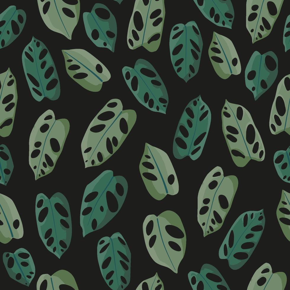 Monstera leaves silhouette with shadows pattern on black background. Flat illustration style for wrapping paper, wallpaper, fabric, textile vector