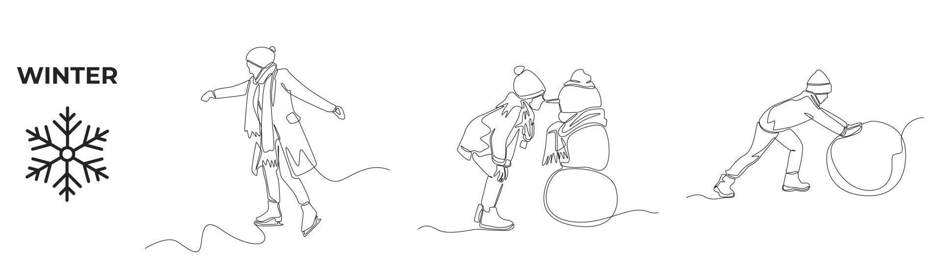 Single one line drawing winter activities and sport set. Happy man with winter clothes, Young boy with snowman and rolling snowball in winter. Continuous line draw design graphic vector illustration.