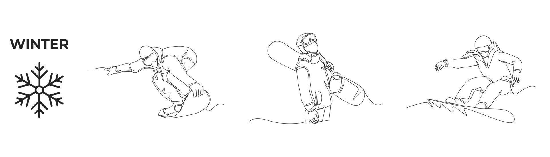dibujo de una sola línea actividades de invierno y juego deportivo. niño feliz con snowboarders en invierno. hombre vestido con traje montando snowboard. ilustración de vector gráfico de diseño de dibujo de línea continua.
