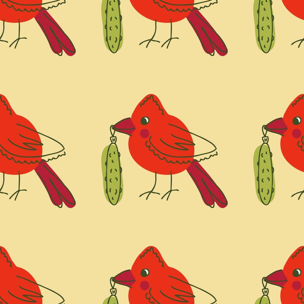 Northern red cardinal bird with christmas pickle in beak seamless pattern. vector