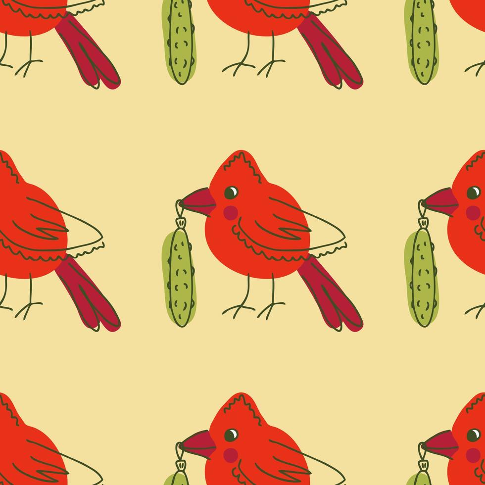 Northern red cardinal bird with christmas pickle in beak seamless pattern. vector