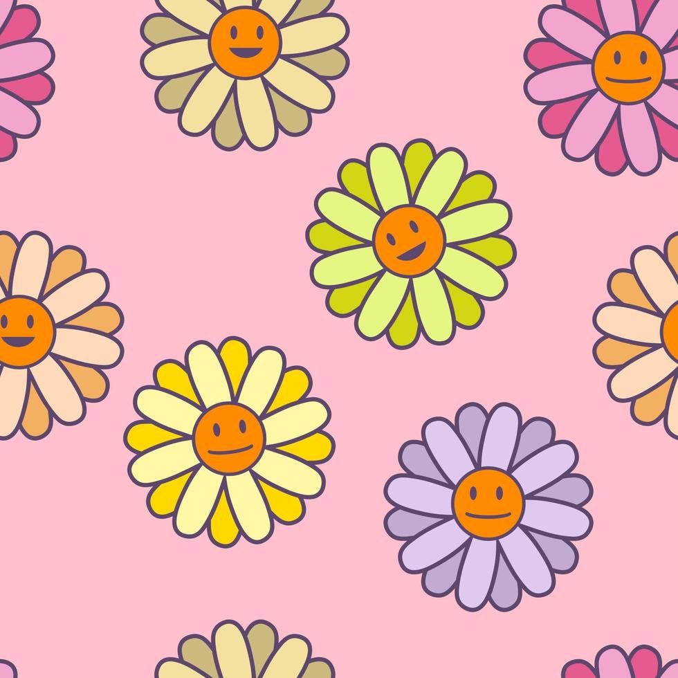 flores de margarita psicodélicas con caras sonrientes de patrones sin fisuras. vector