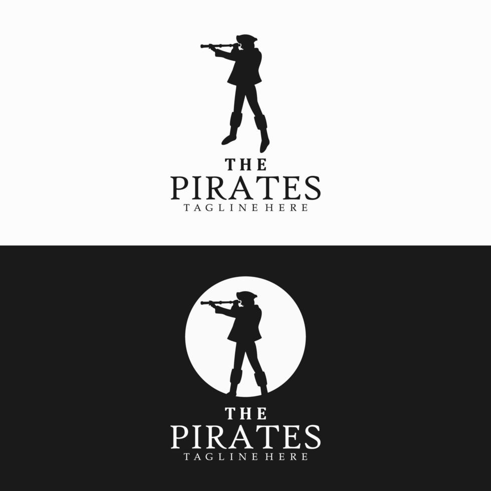 silueta de piratas, capitán pirata con ojos de anteojos diseño del logo del telescopio vector