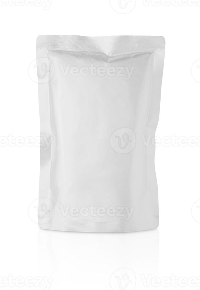 Blank white aluminium foil plastic pouch bag sachet packaging mockup isolated on white background with clipping path photo