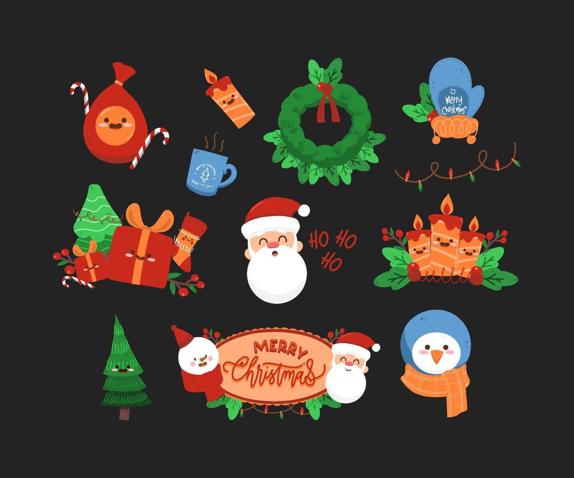 Cute merry christmas celebration flat doodle illustration set. vector