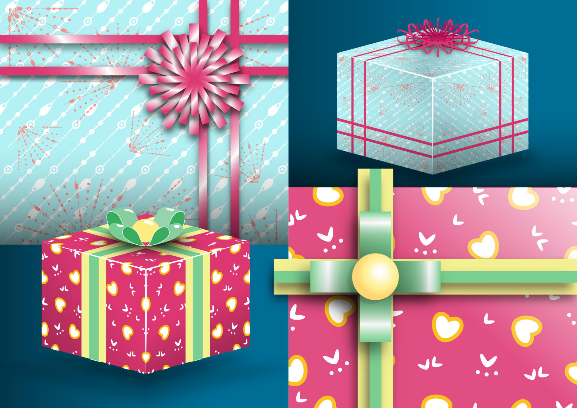Gift wrapping paper pattern for a gift box and ribbon 3d Vector